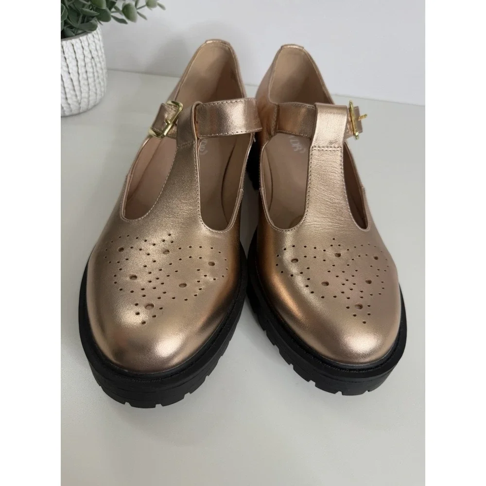 NEW WYDR Studios T-Strap Lug Mary Jane Metallic Rose Leather Shoes Size 9 - Picture 3 of 13